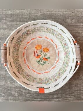 Handcrafted Rope Cotton White and Orange Floral Decorative Bowl 10”